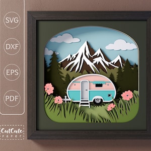 Camping Wohnwagen Schattenbox SVG Vorlage, Bergwald Wandern 3D SVG Schattenbox, DIY Hütte Wanddekor, Schichtkarton Projekt für Cricut