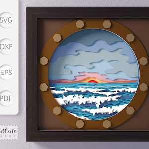 Modèle SVG Sea Sunrise Shadowbox, 3D SVG Shadowbox, décoration murale maison de plage bricolage, papier cartonné en couches découpé pour Cricut, paysage océan