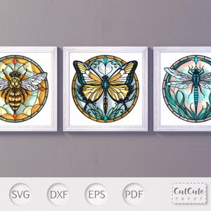 Modelli per Shadow Box in formato SVG con api, farfalle e libellule, Shadow Box in formato SVG 3D per vetrate colorate, decorazioni murali fai da te in stile Art Nouveau
