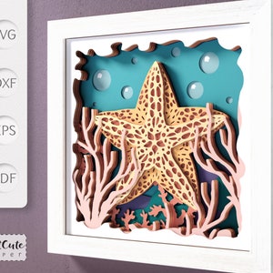 Starfish Shadow Box SVG-sjabloon, 3D SVG Sea Life Sadowbox, DIY Beach House Wall Decor, gelaagd karton Sea Star papier knippen voor Cricut