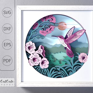 Hummingbird SVG Shadow Box Template, Flowers Bird and Sun 3D SVG Shadowbox, Layered Cardstock Paper Cut for Cricut