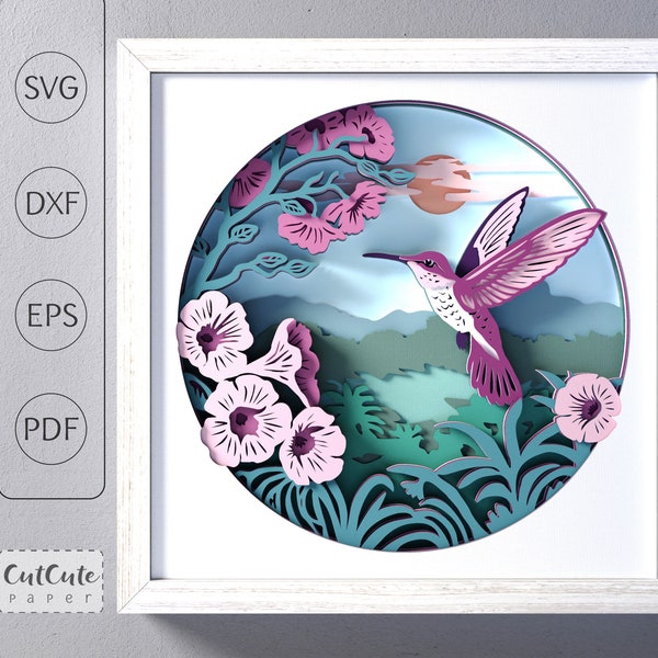 Hummingbird SVG Shadow Box Template, Flowers Bird and Sun 3D SVG Shadowbox, Layered Cardstock Paper Cut for Cricut