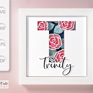 Plantilla SVG de caja de sombras con monograma floral letra T, decoración de pared con corte de papel en capas personalizable, archivos de corte de caja de sombras