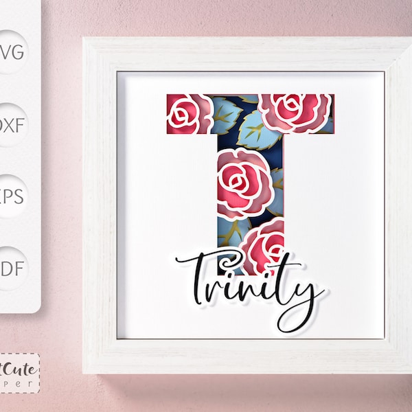 Shadow Box SVG Template with Floral Monogram Letter T , 3D SVG diy Customizable Layered Paper Cut Wall Decor, Sadowbox Cut Files Shadow Box SVG Template with Floral Monogram Letter T , 3D SVG diy Customizable Layered Paper Cut Wall Decor, Sadowbox Cut Files