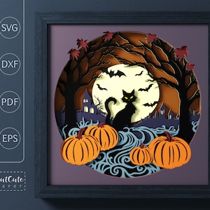 Schwarze Katze Halloween Schattenbox Vorlage SVG, Papierschnitt, Halloween Wandkunst Sadow Box für Cricut und Silhouette, DIY Home Decor