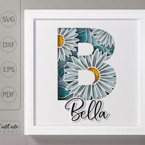 Plantilla SVG de caja de sombra con monograma floral letra B, decoración de pared recortada en papel en capas personalizable DIY con SVG 3D, archivos de corte de caja de sombra de margaritas