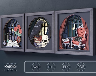 Gothic Midnight Shadow Box Bundle | Dark Academia SVG | Halloween Decor | 3 Designs | The Raven, Reader, Writer |  Cricut Silhouette