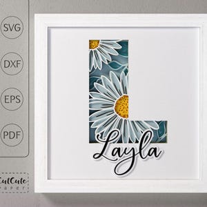 Plantilla SVG de caja de sombra con monograma floral letra L, decoración de pared recortada en papel en capas personalizable DIY con SVG 3D, archivos de corte de caja de sombra de margaritas