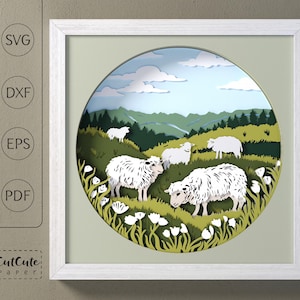 Modèle SVG de boîte d'ombre de mouton, paysage pastoral en couches de couches d'art mural de SVG animal de ferme, décoration murale de Pâques bricolage, paysage de troupeau d'agneaux de printemps