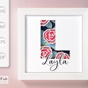 Plantilla SVG de caja de sombras con monograma floral letra L, decoración de pared con corte de papel en capas personalizable, archivos de corte de caja de sombras 3D SVG