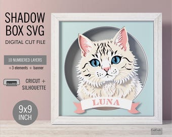 Persian Cat Shadow Box SVG Fluffy Pet Portrait 3D Paper Cut File Cricut Silhouette