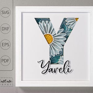 Plantilla SVG de caja de sombras con letra Y de margarita y monograma floral, decoración de pared recortada en papel en capas con SVG 3D, arte con letras de nombre