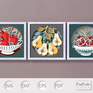 Lot de fruits Shadow Box, modèles de lot 3D SVG, décoration murale de cuisine bricolage, projet de papier pour Cricut, pommes, poires et grenades