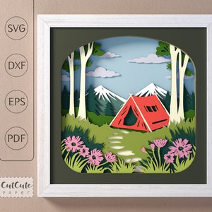 Modèle SVG Shadow Box tente de camping, forêt de montagne randonnée 3D SVG Shadow Box, décoration murale cabane bricolage, projet de papier cartonné en couches pour Cricut