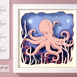 Octopus Shadow Box SVG Vorlage, 3D SVG Sea Life Shadowbox, DIY Strandhaus-Wanddekoration, mehrschichtiger Karton Ocean Life Papierschnitt für Cricut
