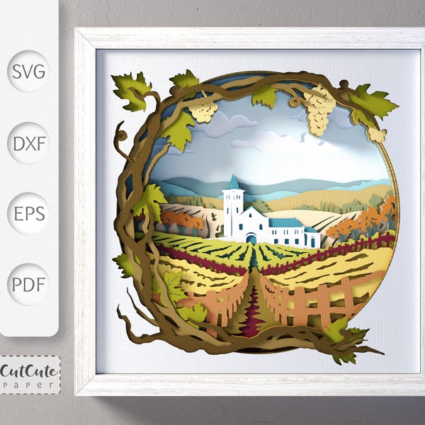 Vineyard Shadow Box SVG Template, 3D SVG Grapes & Winery Shadow Box, DIY Wall Décor, Layered Cardstock Project for Cricut