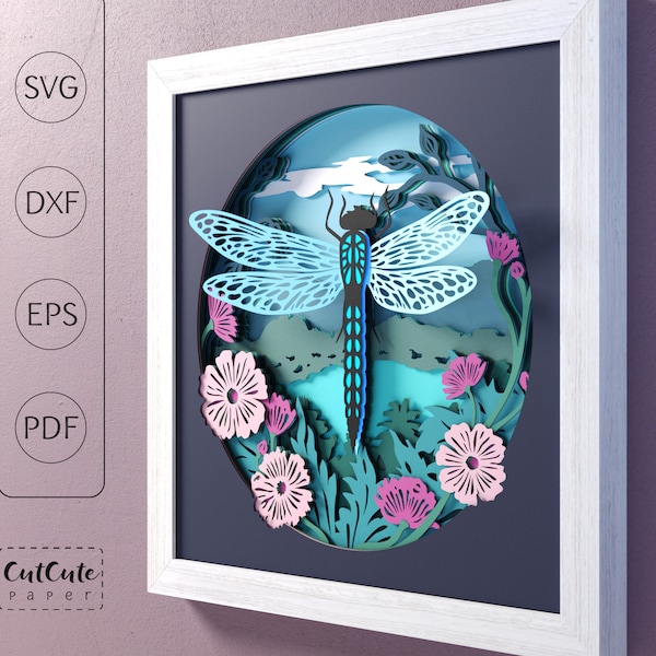 Libelle SVG Schattenbox Vorlage, tropische Blumen und Blätter 3D SVG Schattenbox, Layered Cardstock Papierschnitt für Cricut