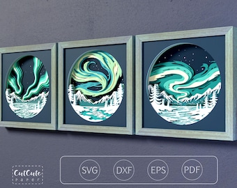 Northern Lights SVG Bundle | Aurora Borealis 3D Layered Paper Cut | Cricut Silhouette Shadow Box | 3 Designs 9x9