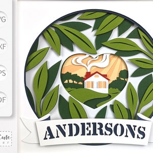 Plantilla SVG de caja de sombras con nombre de familia, arte de pared cortado en papel en capas con casa SVG 3D, decoración de pared familiar personalizable Home in the Heart