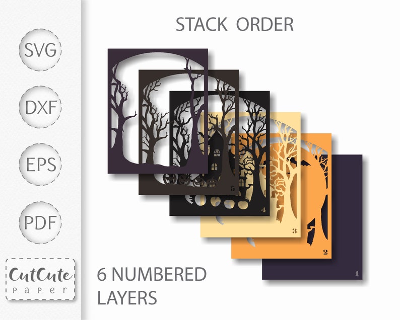 May include: Six numbered layers of a Halloween-themed papercraft project. The layers are stacked on top of each other, with the numbers 1 through 6 visible. The layers are cut out of black, brown, orange, and yellow paper. The design features a spooky house, trees, bats, and a moon.