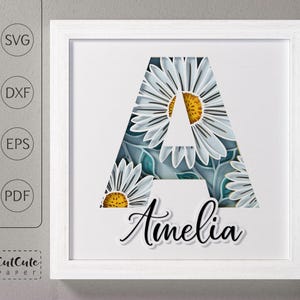 Plantilla SVG de caja de sombra con monograma floral letra A, decoración de pared recortada en papel en capas personalizable DIY con SVG 3D, archivos de corte de caja de sombra de margaritas