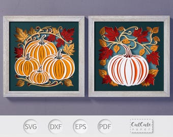 Pumpkin Shadow Box SVG: modello di ritaglio di carta con foglie autunnali (download digitale)