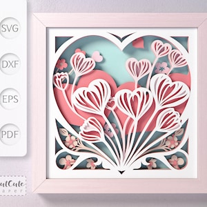 Modèle SVG de boîte d'ombre de coeur, cadeau de bricolage de la Saint-Valentin, boîte d'ombre d'art mural en couches de papier découpé coeur floral pour Cricut ou Silhouette. 2 variantes