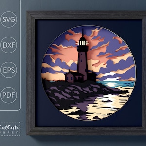 Fyrsolnedgång Shadow Box SVG, kustnära marinlandskap lagerpappersklipp (digital nedladdning)
