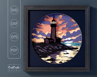 Lighthouse Sunset Shadow Box SVG, Coastal Seascape Layered Paper Cut (Digital Download)
