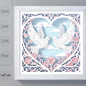 Modèle SVG de boîte d'ombre de colombes d'amour, cadeau de bricolage de la Saint-Valentin, boîte d'ombre d'art mural de papier découpé floral de coeur de mariage pour Cricut ou Silhouette