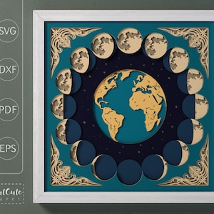Modèle SVG boîte d'ombre phases de lune, boîte d'ombre 3D SVG, décoration murale de cabine bricolage, papier cartonné en couches découpé pour Cricut & Silhouette