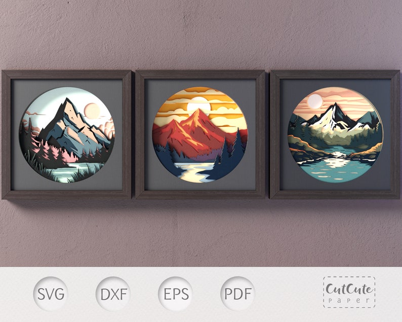 Mountain Lake Sunset Shadow Box Bundle, 3D SVG Template