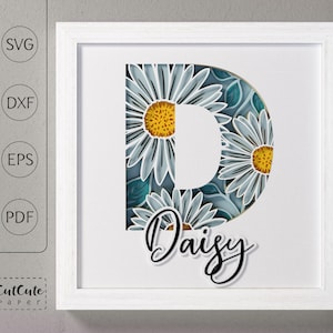 Plantilla SVG de caja de sombra con monograma floral letra D, decoración de pared recortada en papel en capas personalizable DIY con SVG 3D, archivos de corte de caja de sombra de margaritas