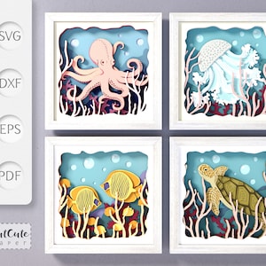 Lot de modèles Ocean Shadow Box SVG, papier cartonné Sea Life 3D SVG, Shadowbox, décoration murale maison de plage bricolage, pieuvre, méduse, tortue, poissons
