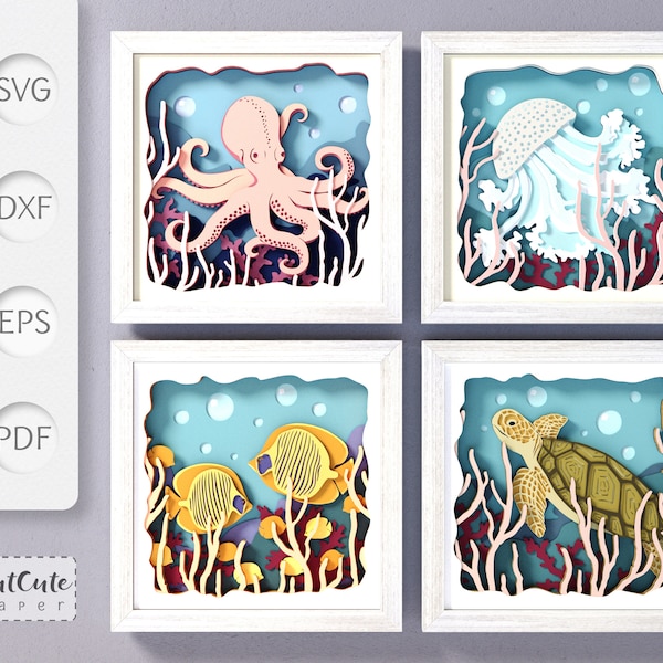 Ocean Shadow Box Templates SVG Bundle, 3D SVG Sea Life Cardstock Shadowbox, DIY Beach House Wall Decor, Octopus, Jellyfish, Turtle, Fishes Ocean Shadow Box Templates SVG Bundle, 3D SVG Sea Life Cardstock Shadowbox, DIY Beach House Wall Decor, Octopus, Jellyfish, Turtle, Fishes