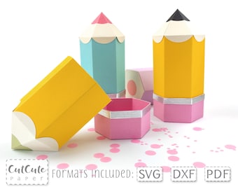 Pencil Box SVG Templates with Lid, 3D Pencil SVG, Back to School Favor Box Pattern PDF, Cut Files for Cricut and Silhouette