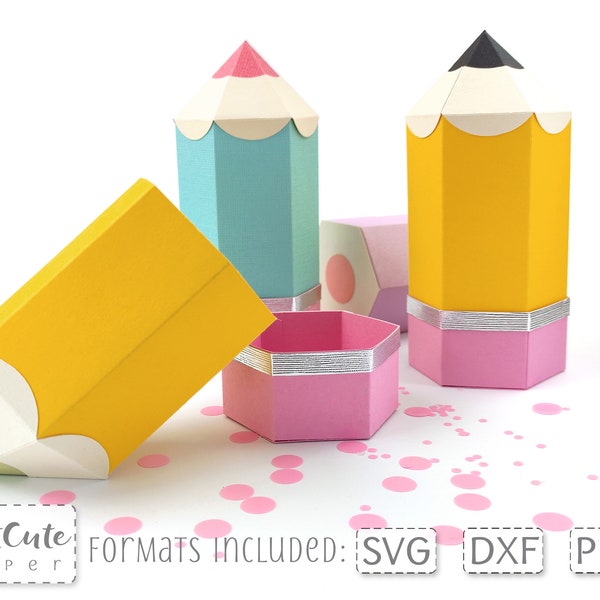 Crayon boîte SVG modèles avec couvercle, 3D crayon SVG, retour à l’école faveur boîte modèle PDF, couper des fichiers pour Cricut et Silhouette