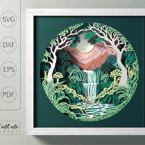 Modello SVG per scatola delle ombre con paesaggio a cascata, scatola delle ombre SVG 3D foresta, decorazione murale fai da te, carta cartoncino a strati tagliata per Cricut e Silhouette