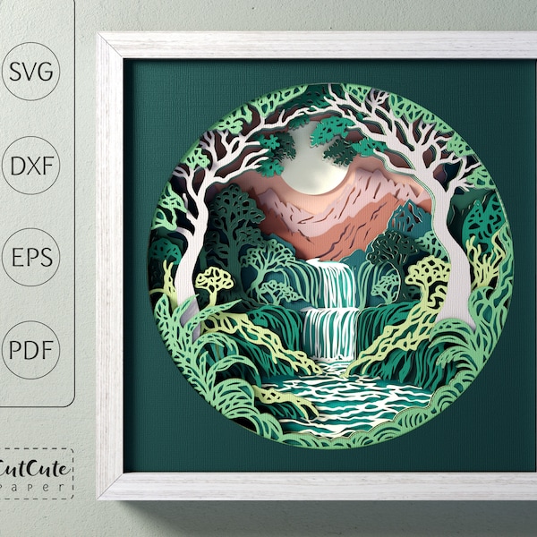 Waterfall Landscape Shadow Box SVG Template, Forest 3D SVG Shadow box, DIY Wall Décor,, Layered Cardstock Paper Cut for Cricut & Silhouette