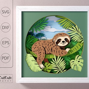 Faultier Schattenbox SVG-Vorlage, Papierschnitt Kinderzimmer Wand Kunst Schattenbox für Cricut und Silhouette, DIY Babypartygeschenk