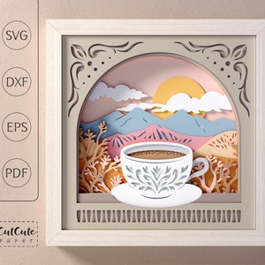 Modelo de caixa de sombra SVG para café da manhã, projeto de papel cartão SVG Sunrise 3D para máquinas Cricut, presente faça você mesmo com corte de papel em camadas, decoração de cozinha