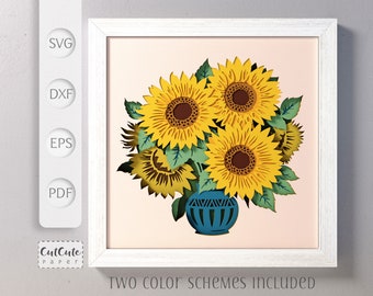 Sunflower Bouquet SVG Shadow Box Template, Flowers 3D SVG Shadowbox, Layered Cardstock Paper Project for Cricut