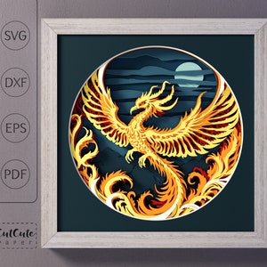 Modèle de boîte d'ombre Phoenix SVG, oiseau de feu et lune 3D SVG Shadowbox, papier cartonné en couches découpé pour Cricut, oiseau de feu SVG