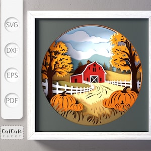 Modèle SVG de boîte d'ombre de paysage de grange d'automne, boîte d'ombre d'automne 3D SVG, décoration murale bricolage, projet de papier cartonné en couches pour Cricut