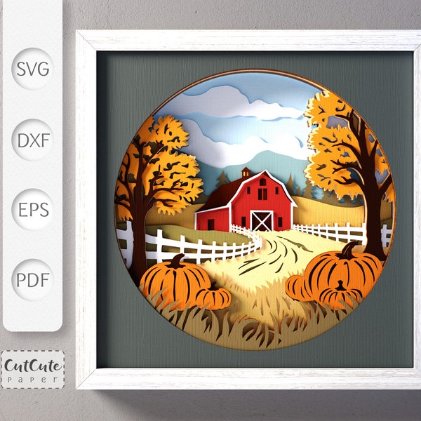 Fall Barn Landscape Shadow Box SVG Template, 3D SVG Autumn Shadow Box, DIY Wall Décor, Layered Cardstock Project for Cricut