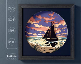 Layered Sailing Boat Sunset SVG, Coastal Shadow Box Template, Seascape Paper Cut File