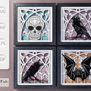 Pakiet szablonów SVG Gothic Shadow Box, ozdobny papier warstwowy wycinany na Halloween, dekoracja domu DIY, nietoperz, czaszka, kruk