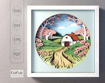 Spring Barn Landscape Shadow Box SVG Template: 3D Farmhouse Decor (Digital Download)
