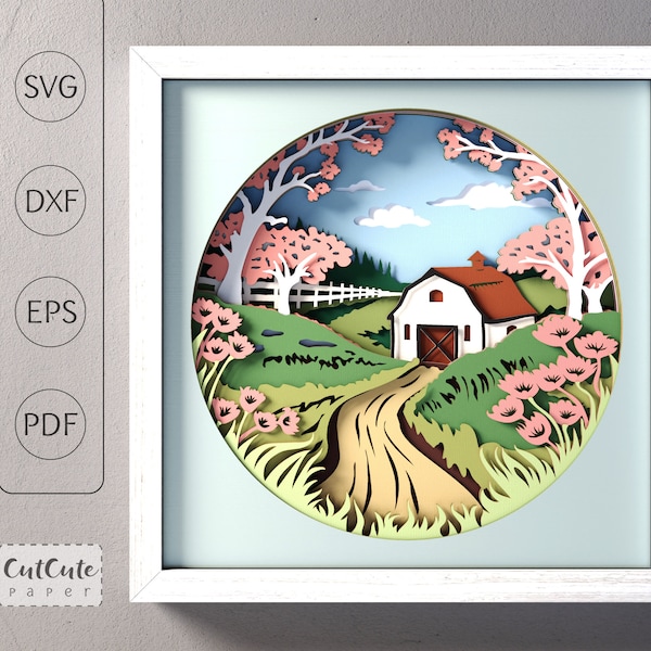 Spring Barn Landscape Shadow Box SVG Template, Ranch Farm 3D SVG Shadow Box, DIY Wall Décor, Layered Cardstock Project for Cricut