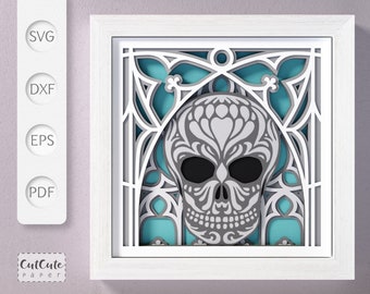 Gothic Skull Shadow Box SVG Template: Halloween Paper Cut Wall Art
